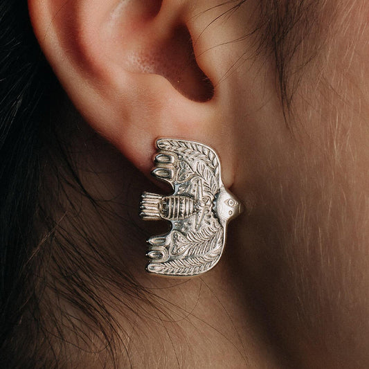 Wondrous Soaring Bird Stud Earrings | Engraved Artisan Jewellery E02 Antique Silver Earring