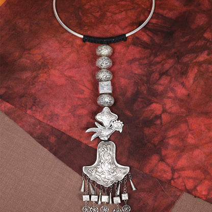 Miao Silver Phoenix Bird Bell Tassel Torque Necklace | Vintage Ethnic Statement N01