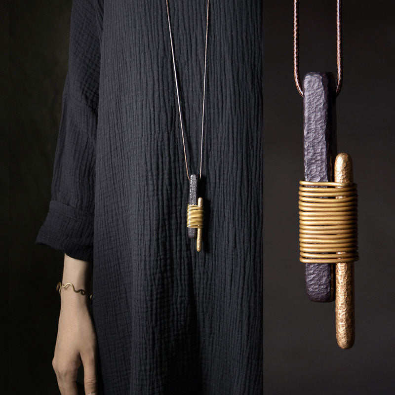 Vintage Ebony & Brass Wire Wrapped Pendant Necklace | NK01