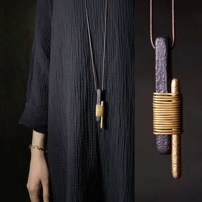 Vintage Ebony & Brass Wire Wrapped Pendant Necklace | NK01