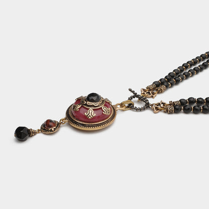 Vintage Red Stone Pendant | Black Agate Necklace R01 - HOUSE OF SHEN