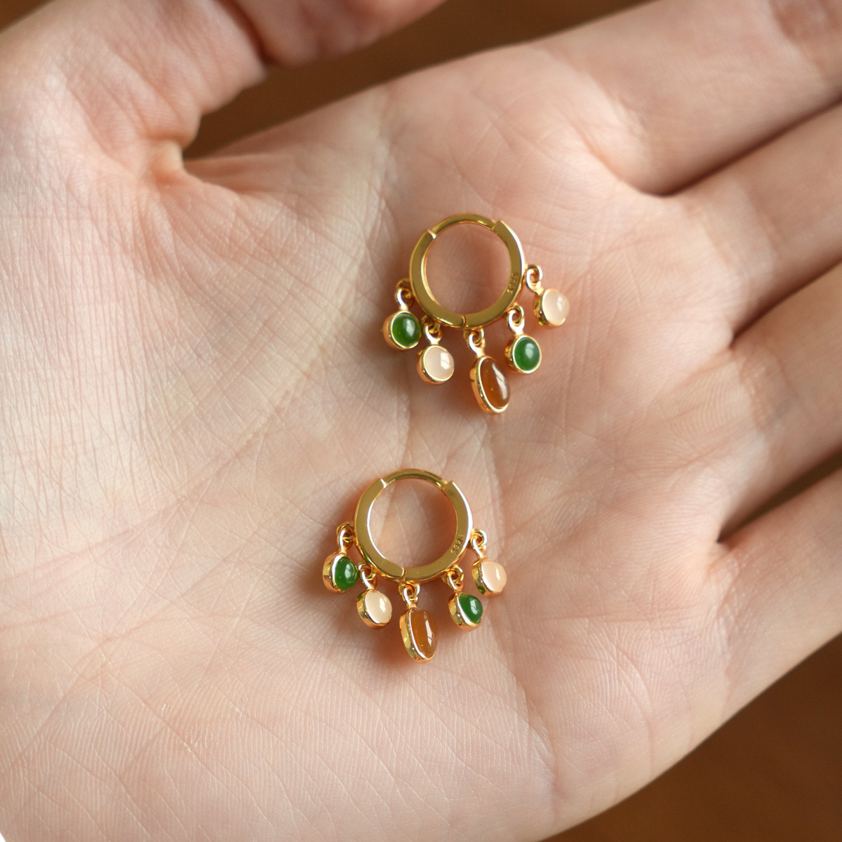 Hetian Jade Charm Hoop Earrings | Gold-Plated Silver Earrings ER13