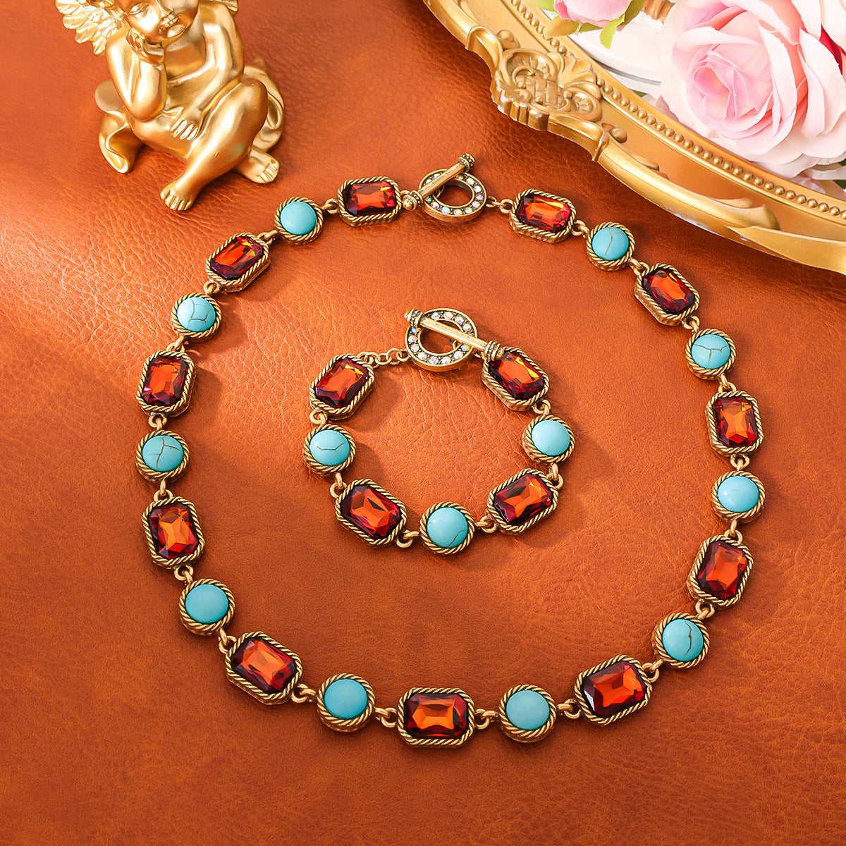 Vintage Turquoise Tea Color Necklace Round and Square Shaped Inlaid with Diamonds Layered Necklace, Palace Style Retro Jewelry Set Jewelry