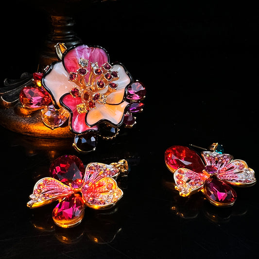 Enamel Flower Earrings Brooch Set Gold Plated Rhinestone Jewelry