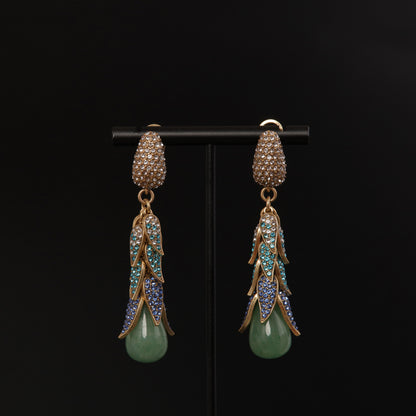 Green Natural Stone Vintage Earrings - Gilded Leaf Elegance | iBrilliance 883722151347_Green Natural Stone
