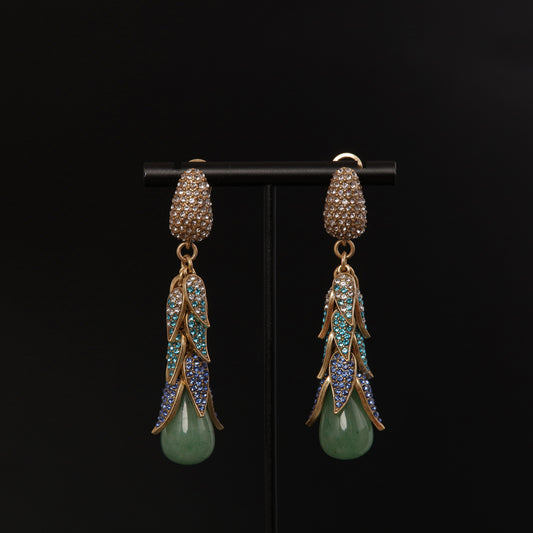 Green Natural Stone Vintage Earrings - Gilded Leaf Elegance | iBrilliance 883722151347_Green Natural Stone
