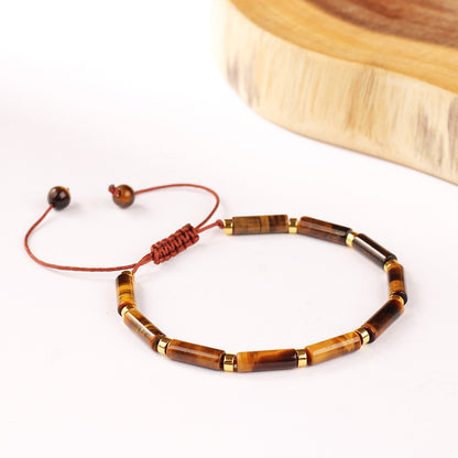 Natural Tiger Eye Stone Handmade Braided Bracelet for Men and Women, Adjustable Long Tube Woven Bracelet
