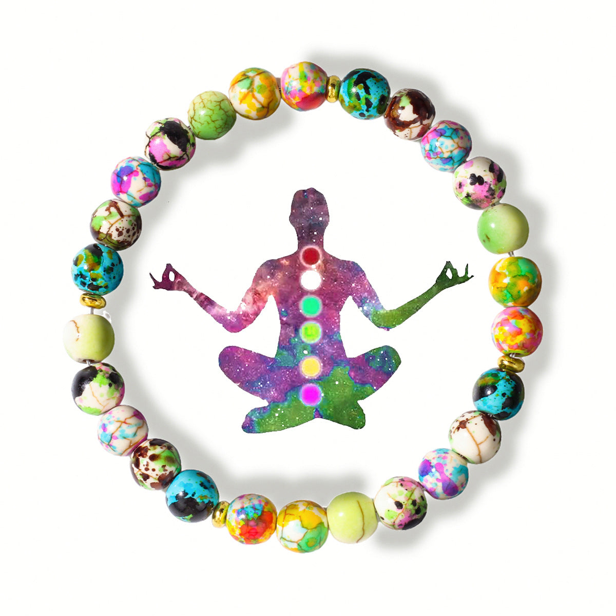 Bohemian Natural Stone Seven Chakra Yoga Synthetic Turquoise Bracelet for Women Beaded Round Bead Bracelet