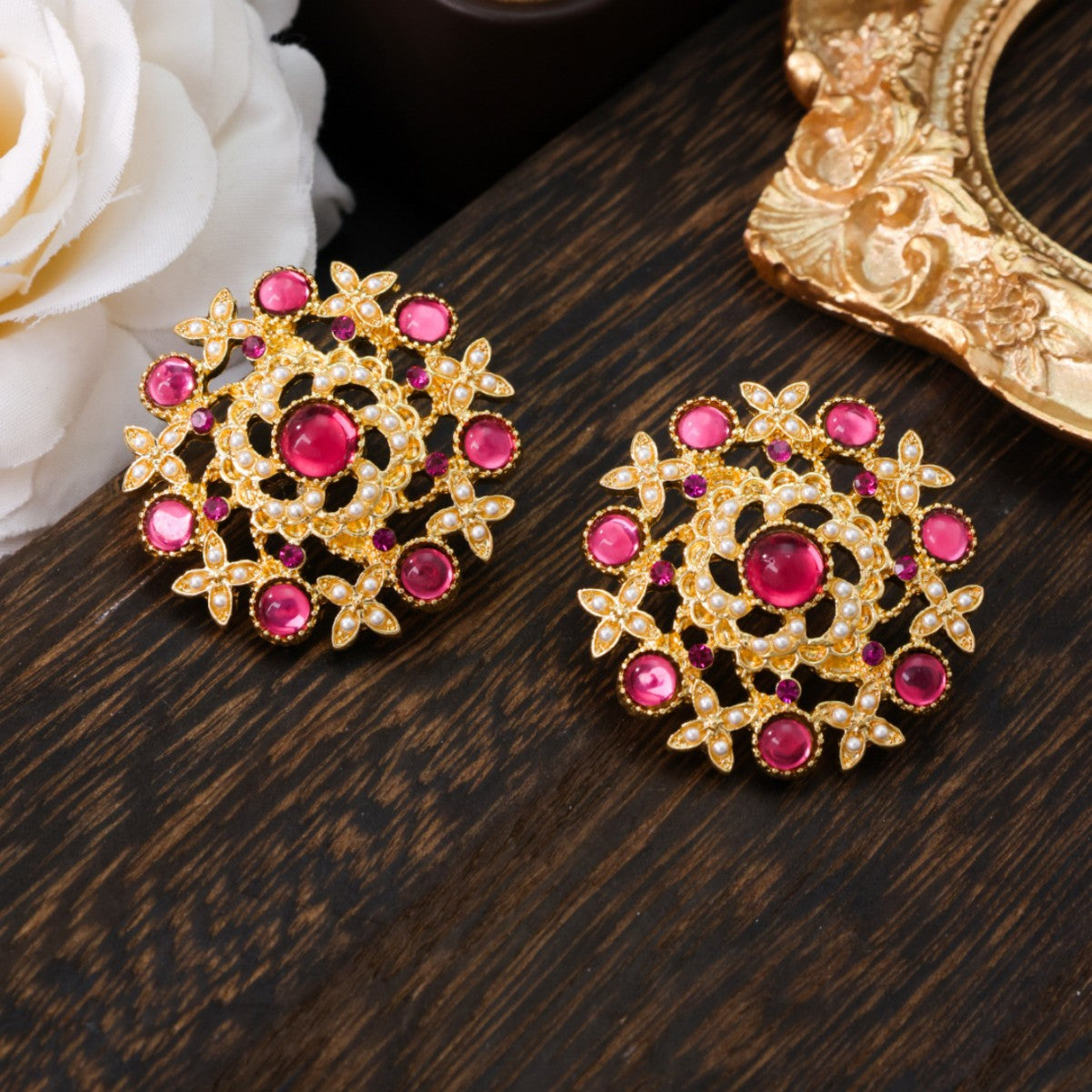 Pink Crystal Radiance: Vintage Round Hollow Earrings | iBrilliance