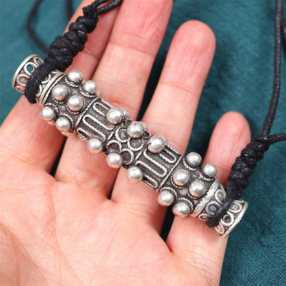 Miao Silver Cylinder Needle Case Pendant Necklace | Vintage Ethnic Wax Rope Long Chain N03
