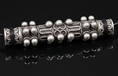 Miao Silver Cylinder Needle Case Pendant Necklace | Vintage Ethnic Wax Rope Long Chain N03