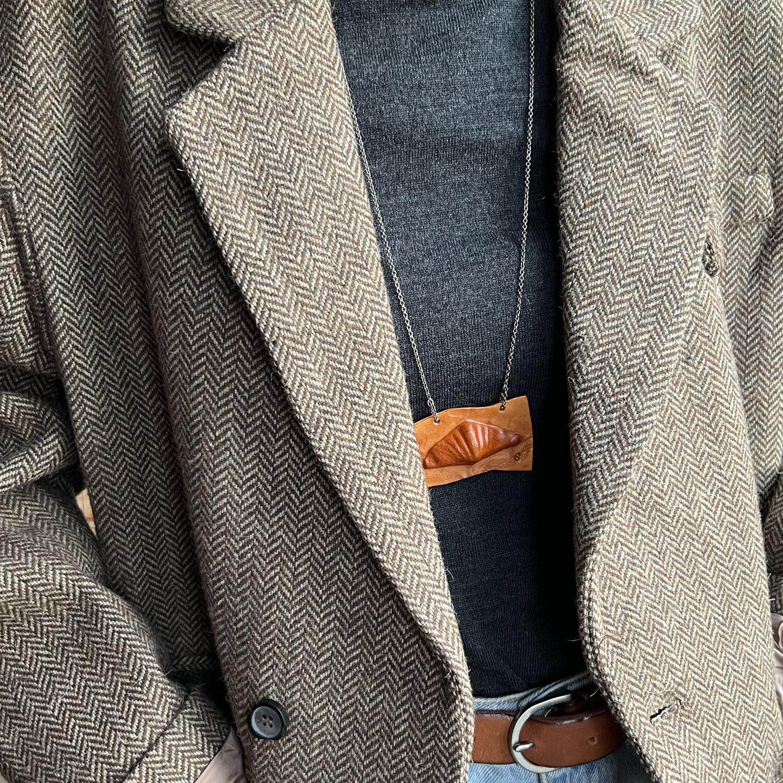 Fossil Shell Leather Pendant Necklace F02 - worn with herringbone blazer sunlight