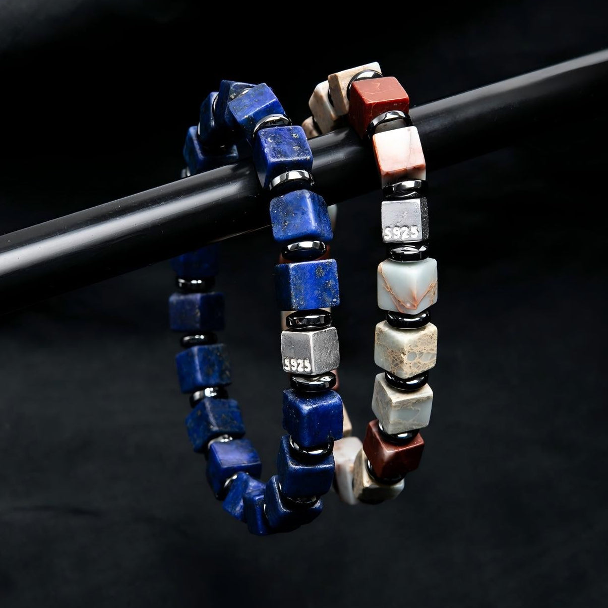 Lapis Lazuli & Black Onyx Cube Bead Bracelet | S925 Silver INSIGHT Collection B01