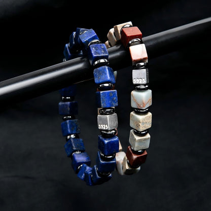 Lapis Lazuli & Black Onyx Cube Bead Bracelet | S925 Silver INSIGHT Collection B01