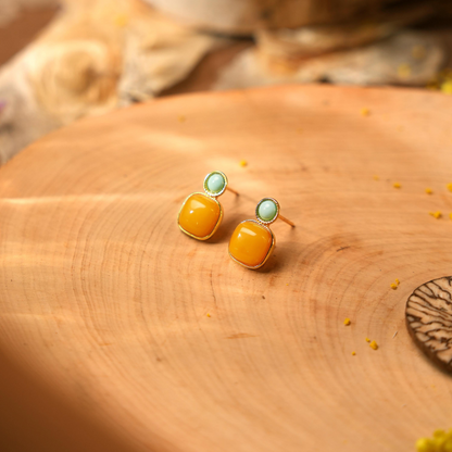 Amber & Turquoise Cushion Stud Earrings | Gold-Plated Silver Earrings ER12