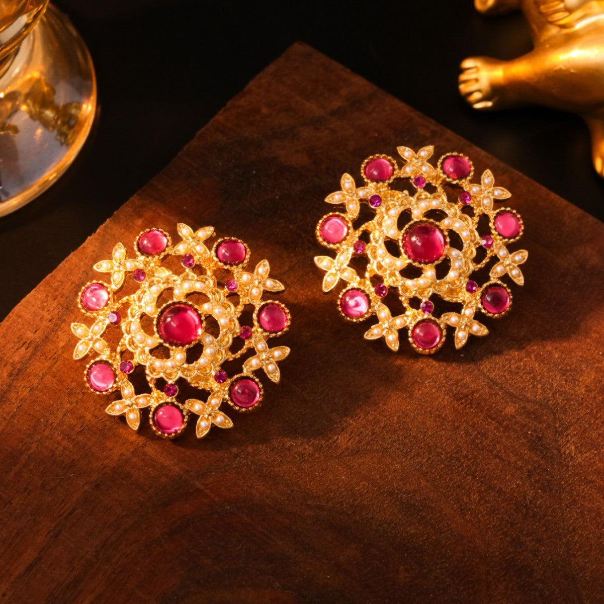 Pink Crystal Radiance: Vintage Round Hollow Earrings | iBrilliance