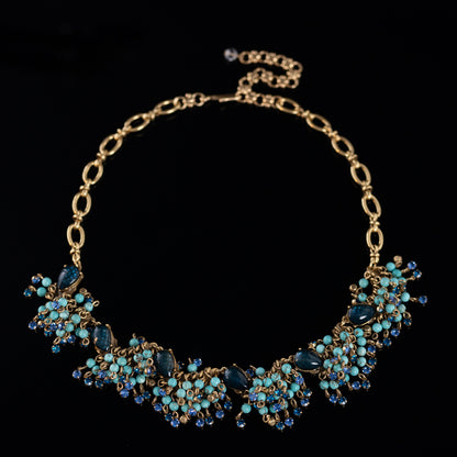 Vintage Retro Gold Atmospheric Natural Stone Round Bead Tassel Fan-shaped Necklace Necklace