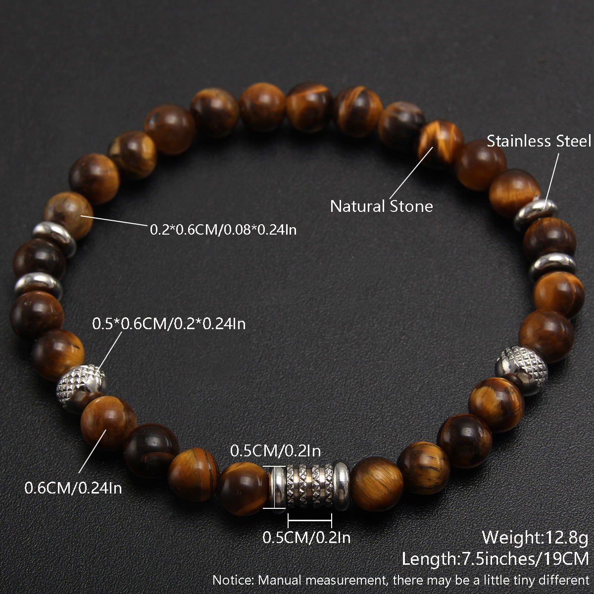 Crystal Tiger Eye Natural Stone Beaded Bracelet, Vintage Stainless Steel Bracelet NK07-3