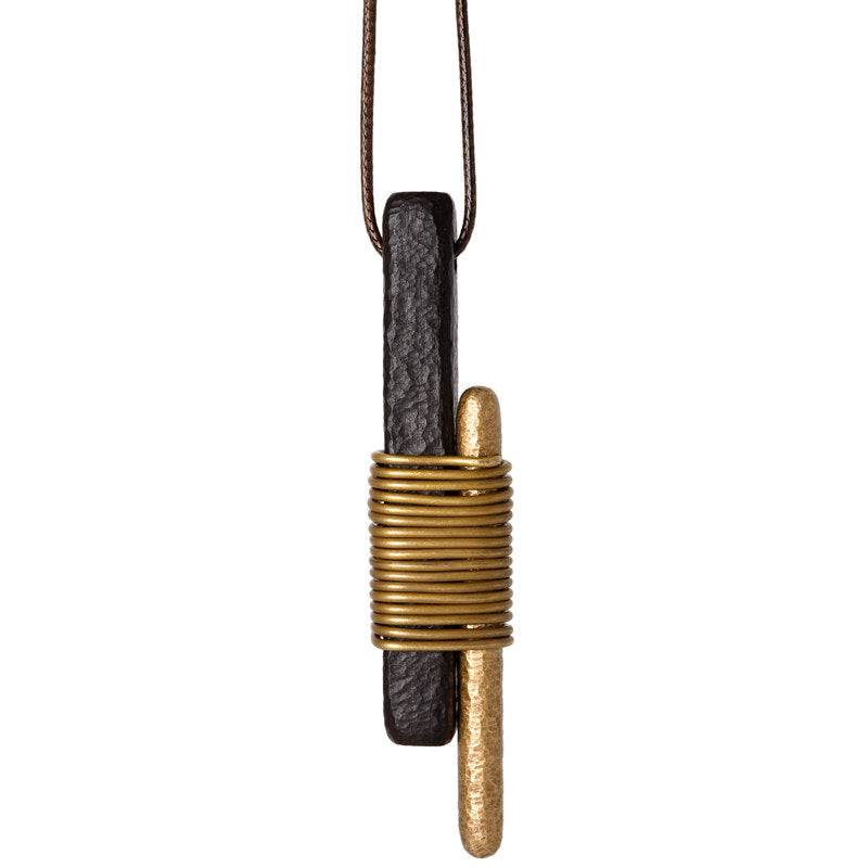 Vintage Ebony & Brass Wire Wrapped Pendant Necklace | NK01