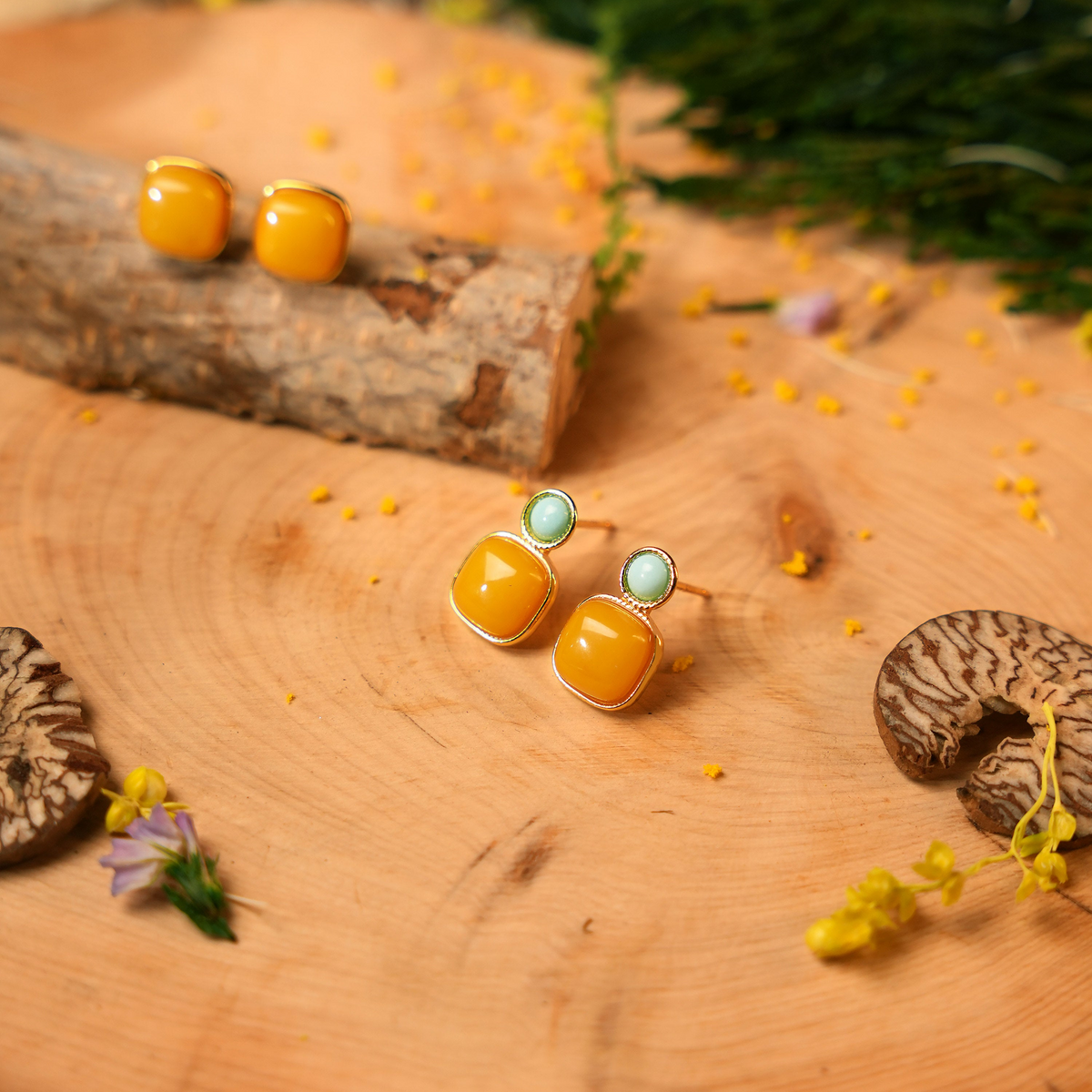Amber & Turquoise Cushion Stud Earrings | Gold-Plated Silver Earrings ER12