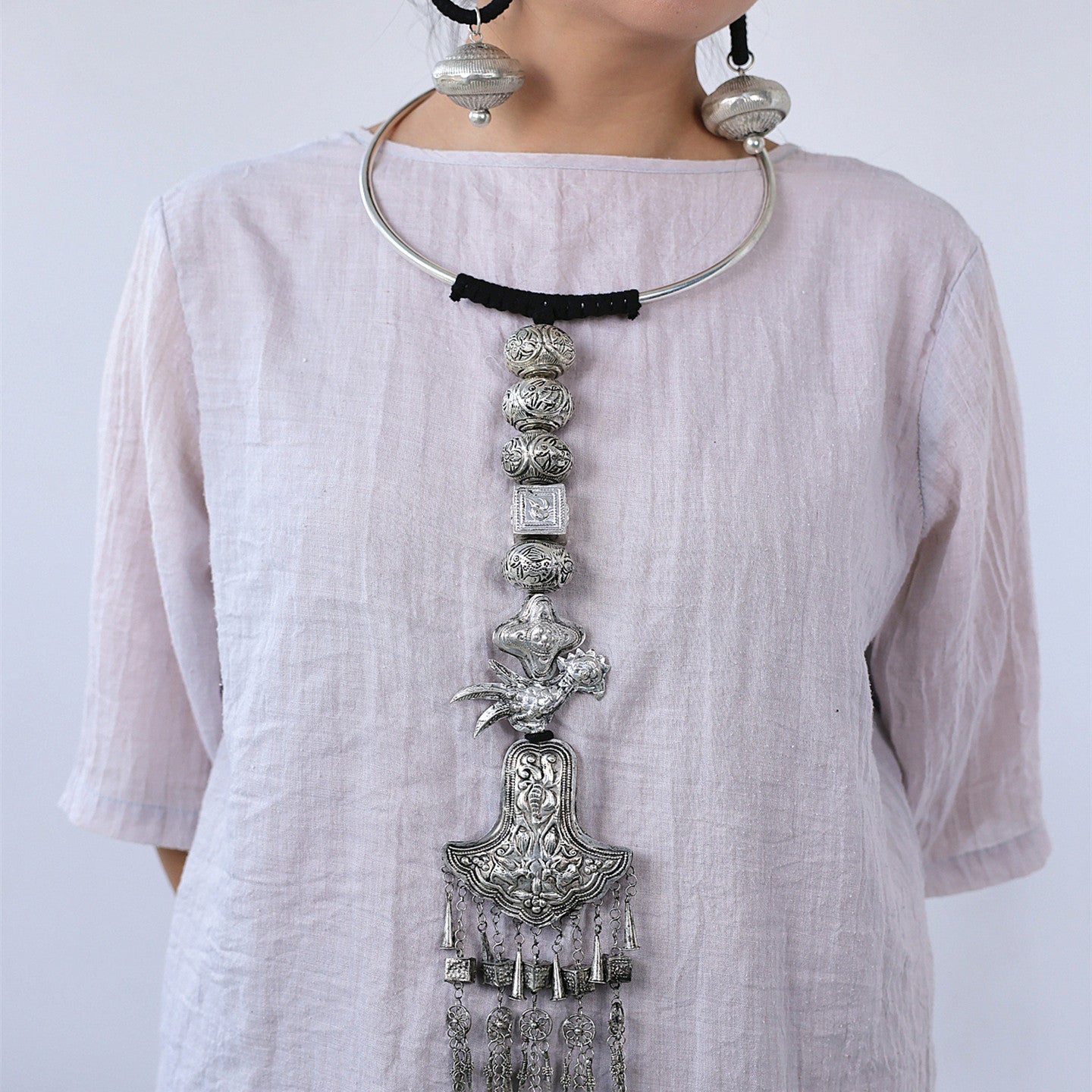 Miao Silver Phoenix Bird Bell Tassel Torque Necklace | Vintage Ethnic Statement N01