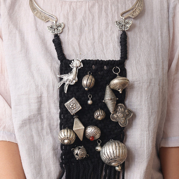 Miao Silver Statement Torque & Woven Tassel Bib Necklace | Vintage Ethnic Maxi Pendant N04