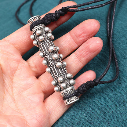 Miao Silver Cylinder Needle Case Pendant Necklace | Vintage Ethnic Wax Rope Long Chain N03