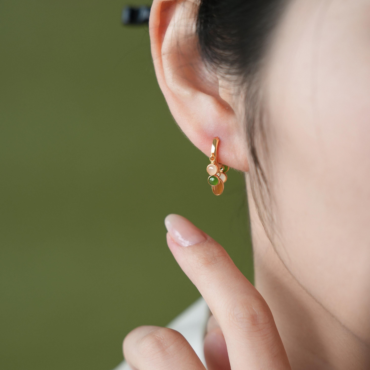 Hetian Jade Charm Hoop Earrings | Gold-Plated Silver Earrings ER13