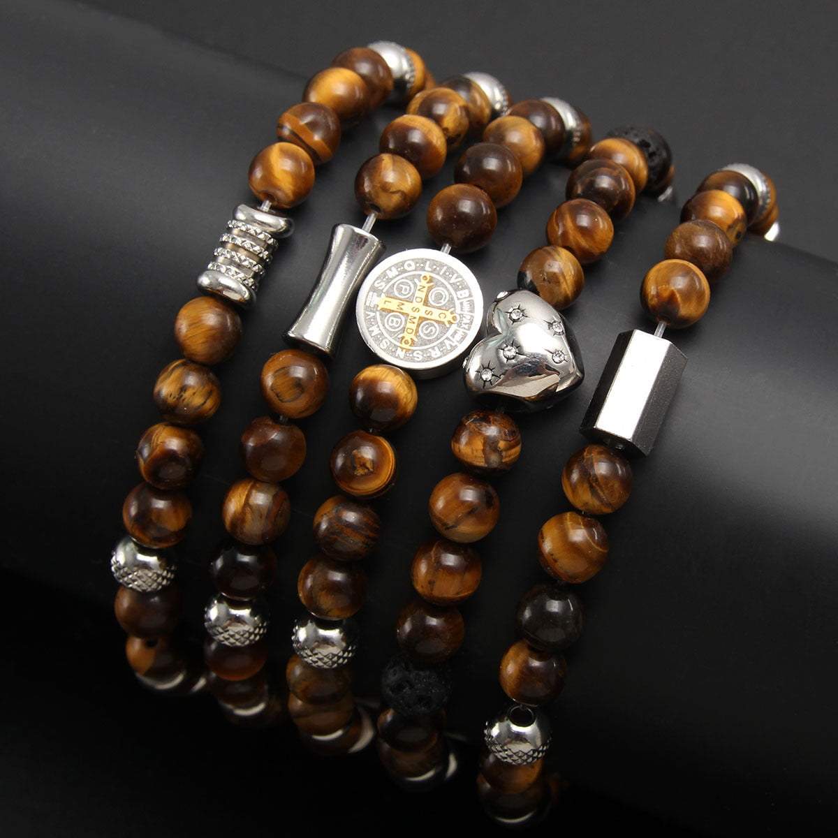 Crystal Tiger Eye Natural Stone Beaded Bracelet, Vintage Stainless Steel Bracelet
