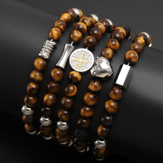 Crystal Tiger Eye Natural Stone Beaded Bracelet, Vintage Stainless Steel Bracelet