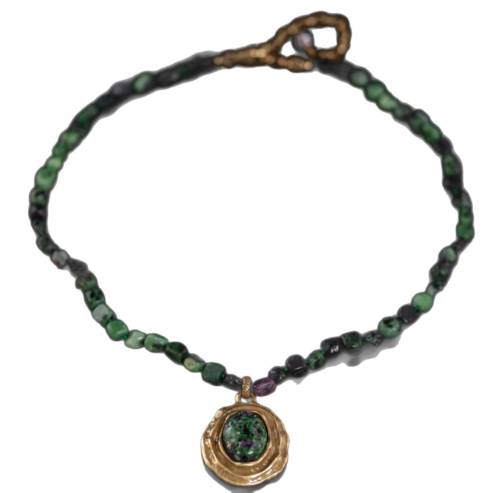 Vintage Antique Bronze Alloy Natural Green Gemstone Fragment Necklace