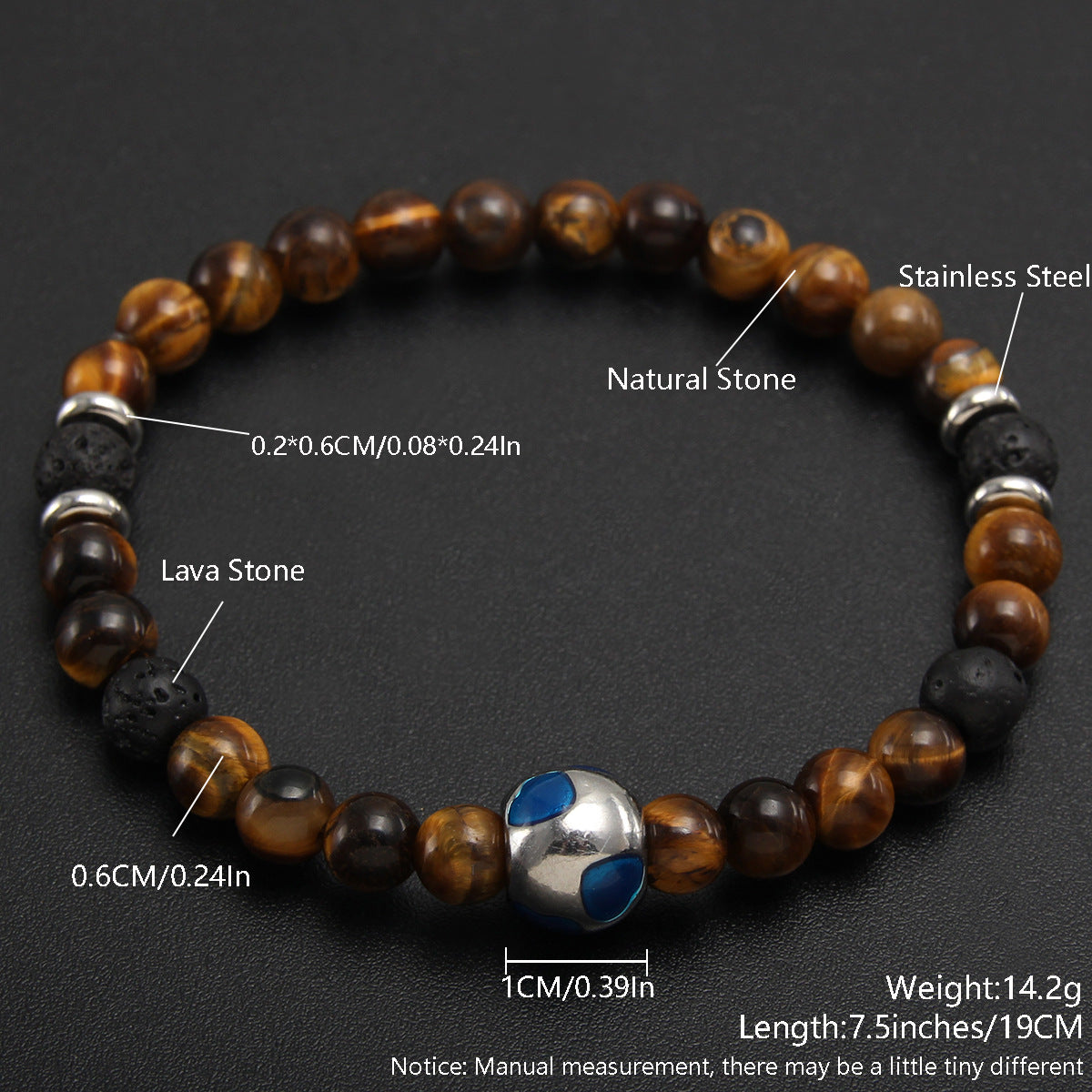 Crystal Tiger Eye Natural Stone Beaded Bracelet, Vintage Stainless Steel Bracelet NK07-6