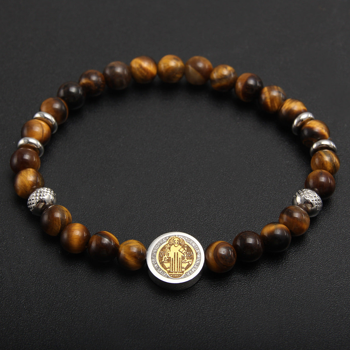 Crystal Tiger Eye Natural Stone Beaded Bracelet, Vintage Stainless Steel Bracelet