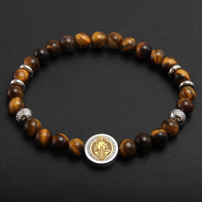 Crystal Tiger Eye Natural Stone Beaded Bracelet, Vintage Stainless Steel Bracelet