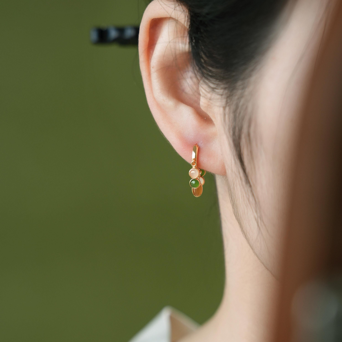 Hetian Jade Charm Hoop Earrings | Gold-Plated Silver Earrings ER13