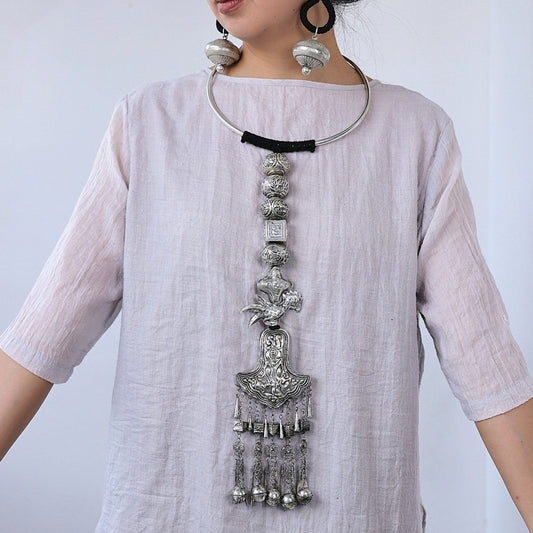 Miao Silver Phoenix Bird Bell Tassel Torque Necklace | Vintage Ethnic Statement N01