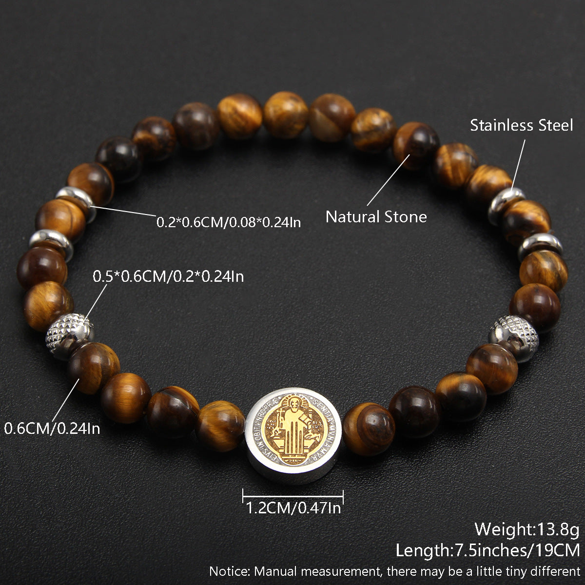 Crystal Tiger Eye Natural Stone Beaded Bracelet, Vintage Stainless Steel Bracelet NK07-2