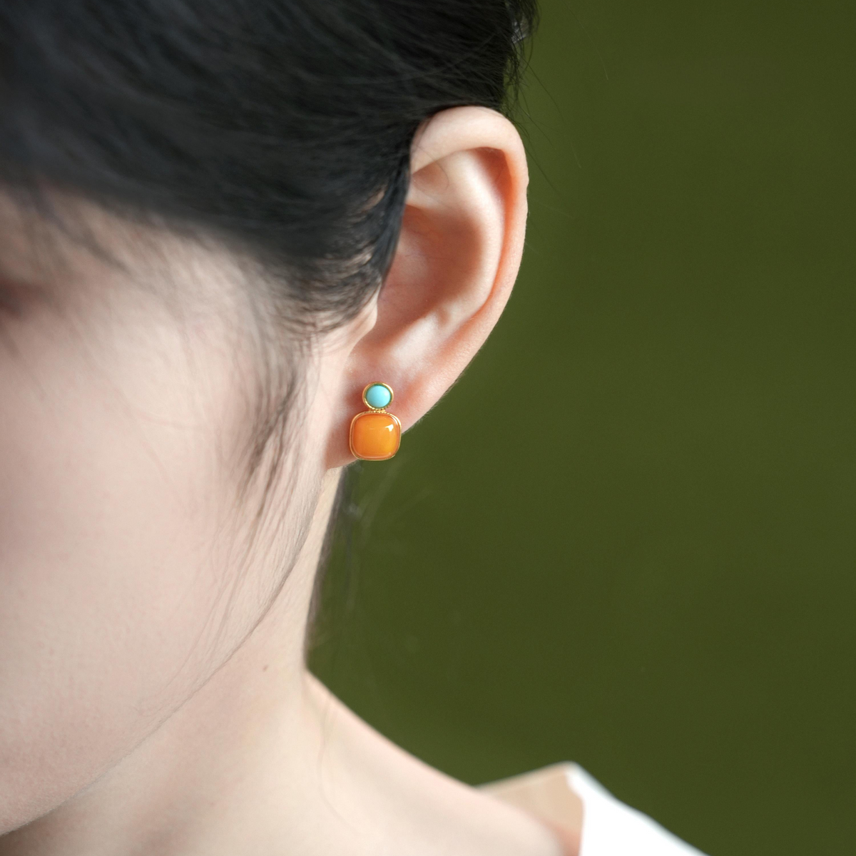 Amber & Turquoise Cushion Stud Earrings | Gold-Plated Silver Earrings ER12