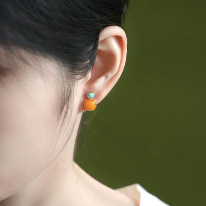 Amber & Turquoise Cushion Stud Earrings | Gold-Plated Silver Earrings ER12