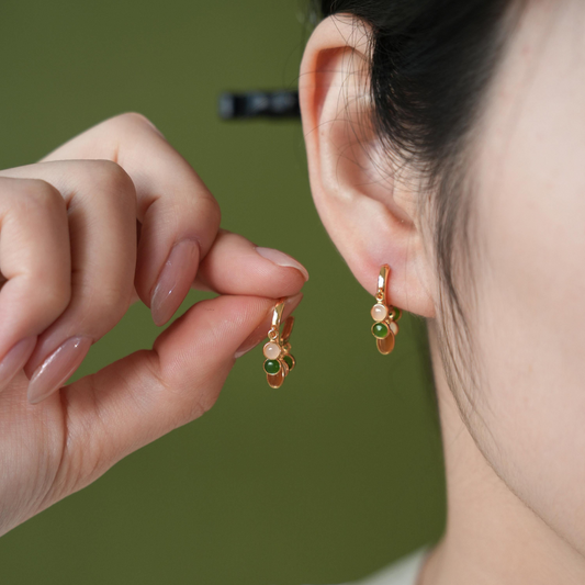 Hetian Jade Charm Hoop Earrings | Gold-Plated Silver Earrings ER13