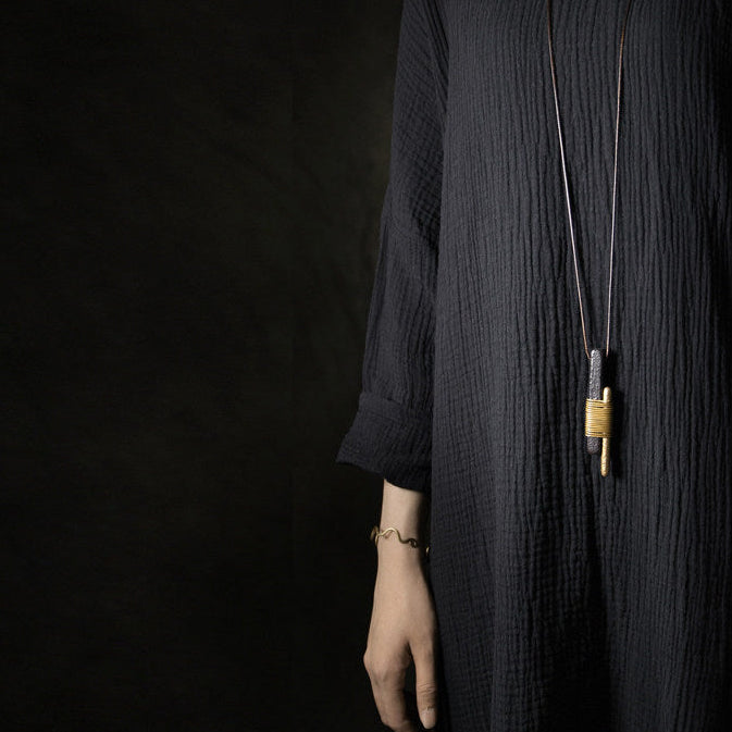 Vintage Ebony & Brass Wire Wrapped Pendant Necklace | NK01