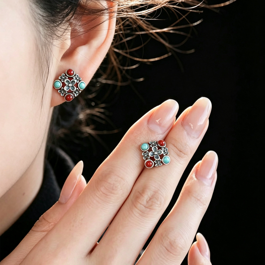 Nanhong Agate & Turquoise Floral Stud Earrings | Silver Earrings ER11