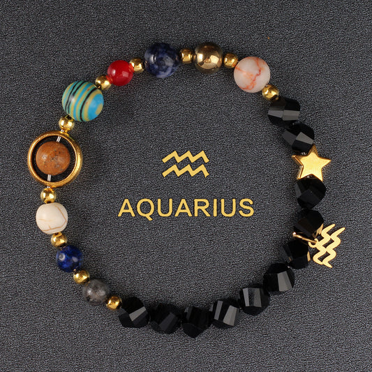 Twelve Constellations Bracelet Beaded Natural Stone Bracelet Universe Space Eight Planets Stone Picture Stone Black Wholesale L1908-Aquarius Aquarian-Faceted Stone