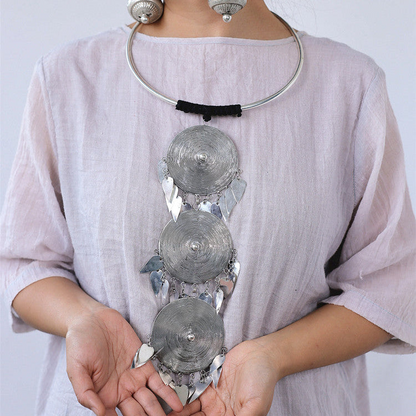 Miao Silver Triple Spiral Disc Leaf Tassel Torque Necklace | Vintage Ethnic Statement N02 iBrilliance