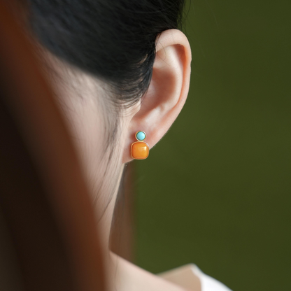 Amber & Turquoise Cushion Stud Earrings | Gold-Plated Silver Earrings ER12