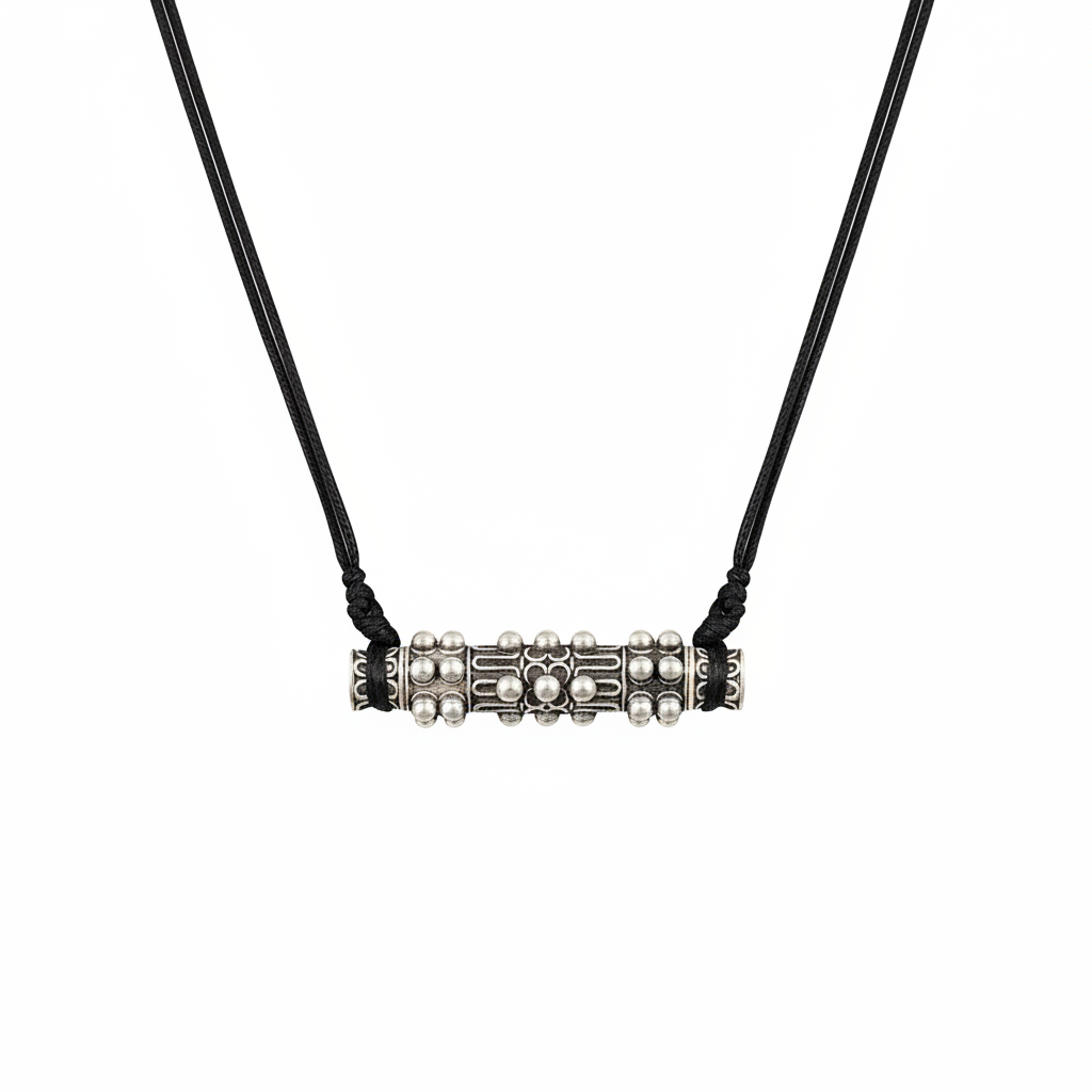 Miao Silver Cylinder Needle Case Pendant Necklace | Vintage Ethnic Wax Rope Long Chain N03