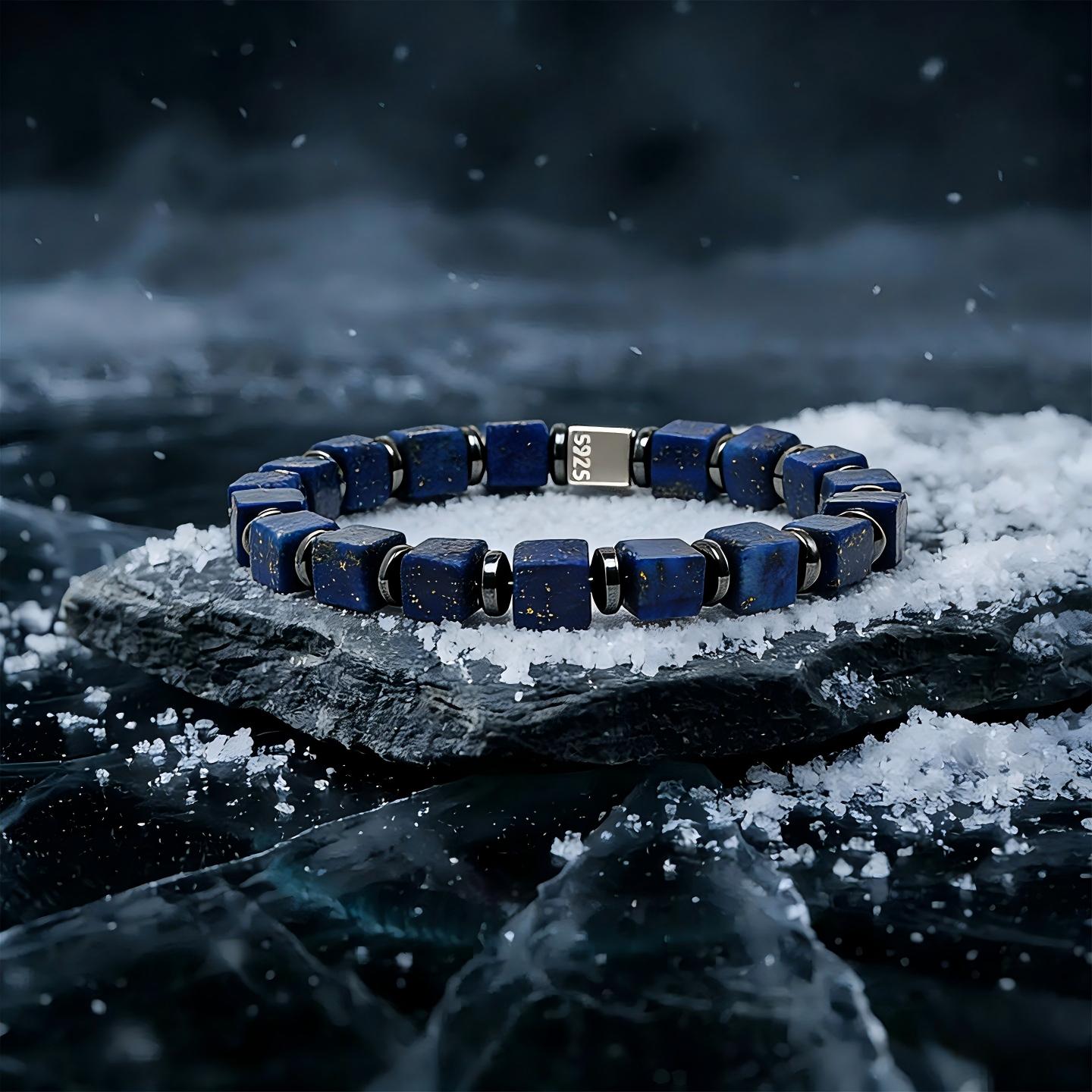 Lapis Lazuli & Black Onyx Cube Bead Bracelet | S925 Silver INSIGHT Collection B01