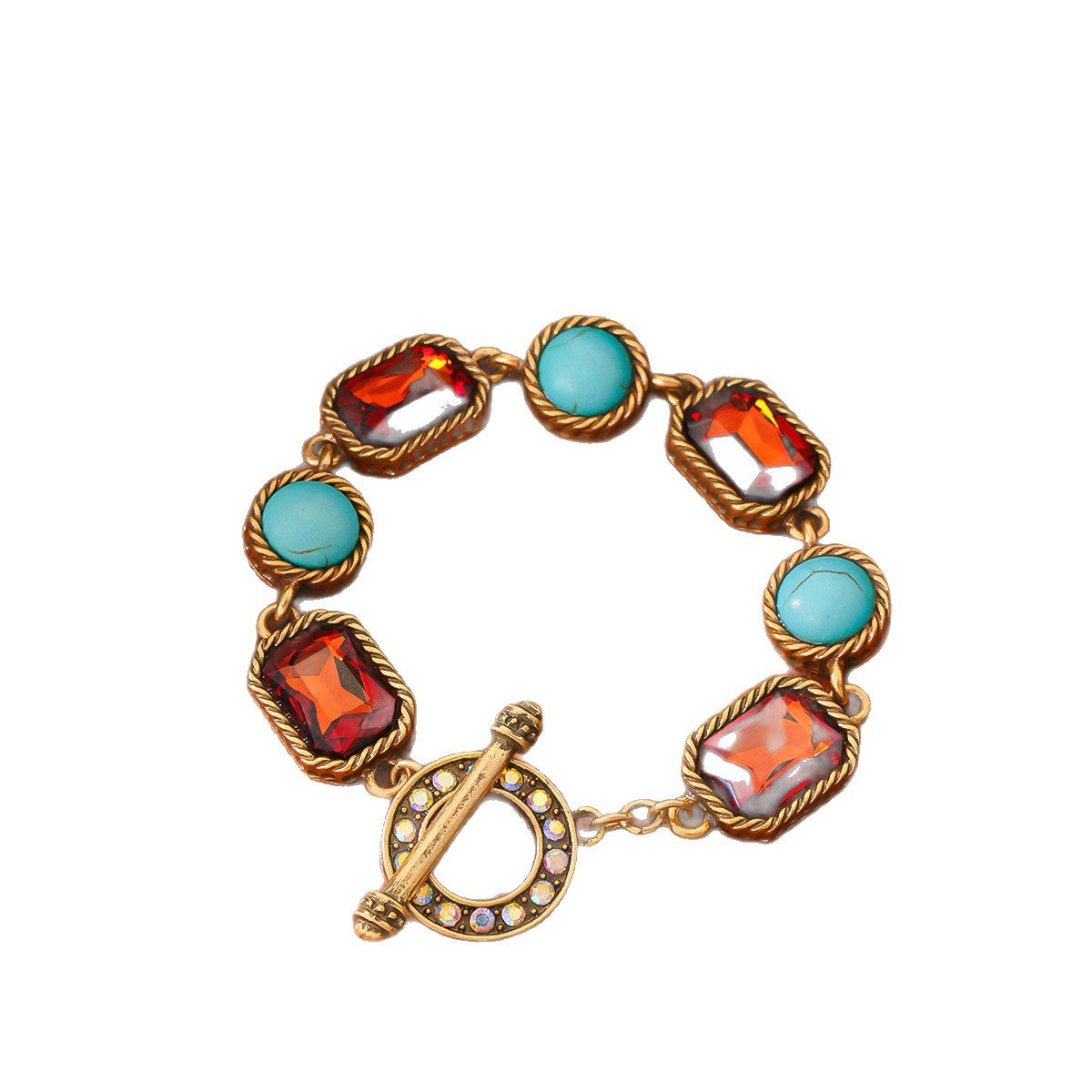 Vintage Turquoise Tea Color Necklace Round and Square Shaped Inlaid with Diamonds Layered Necklace, Palace Style Retro Jewelry Set Jewelry