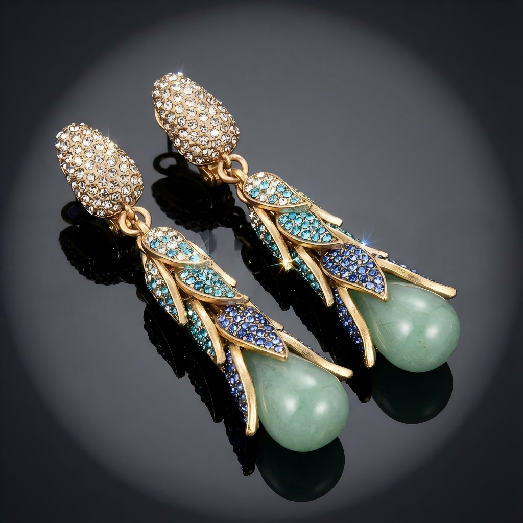 Green Natural Stone Vintage Earrings - Gilded Leaf Elegance | iBrilliance