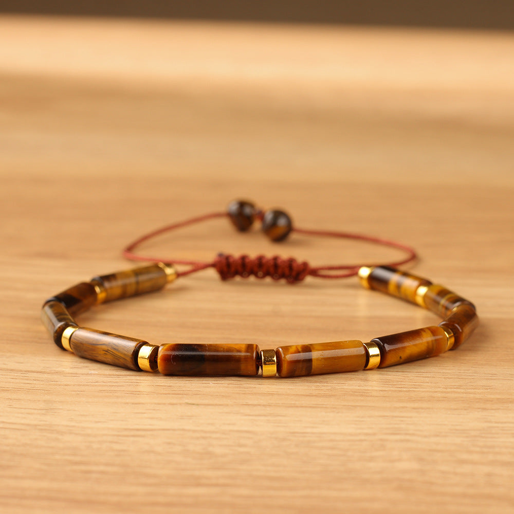 Natural Tiger Eye Stone Handmade Braided Bracelet for Men and Women, Adjustable Long Tube Woven Bracelet